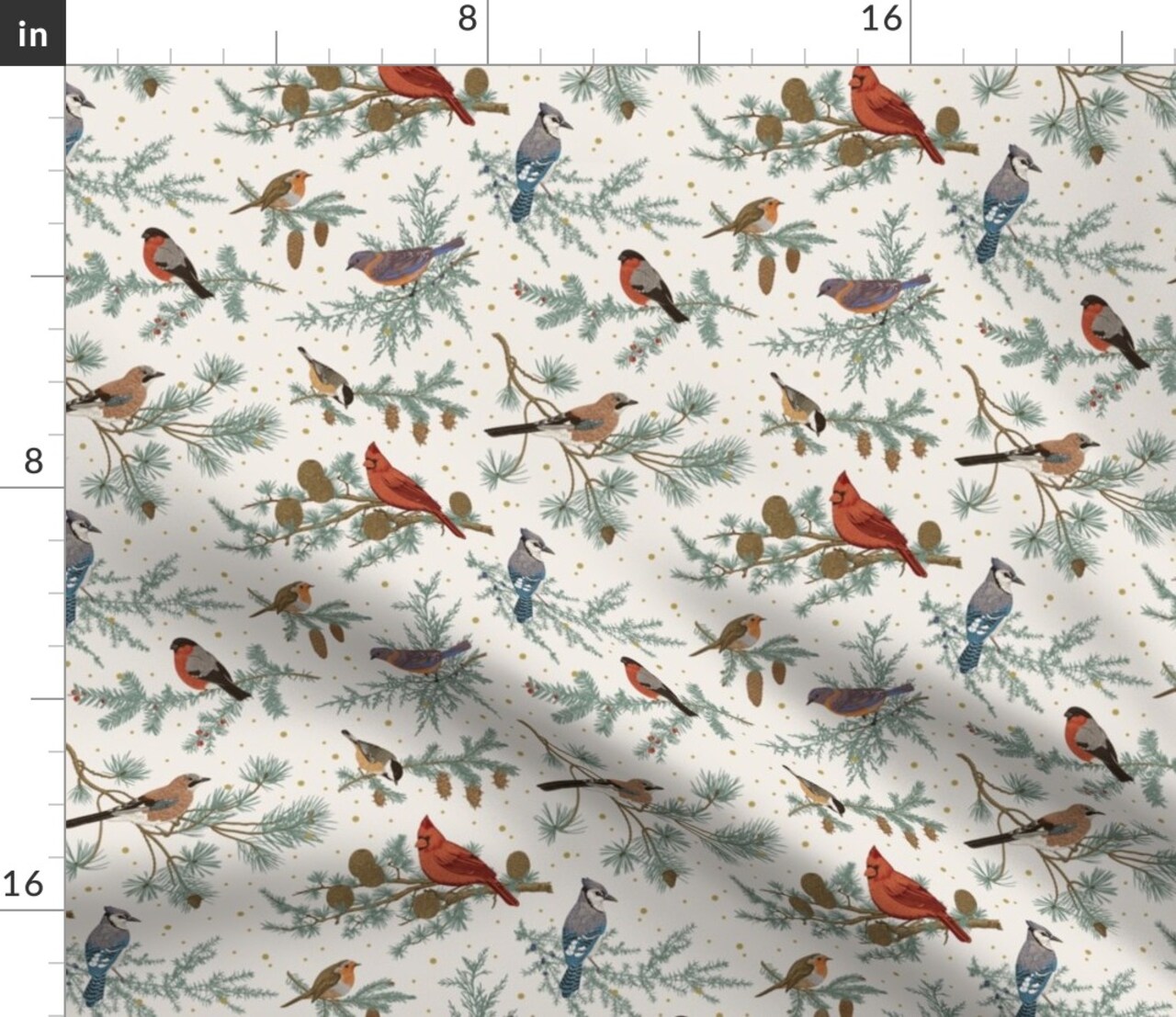 Vintage Birds Birdwatching Winter Christmas Holiday Bluebird Robin Fir Tree Bluejay Bullfinch Cardinal Pinecones Pine Tree Dots Forest Woods Custom Printed Fabric by Spoonflower Various Fabrics by the Yard or Fat Quarter